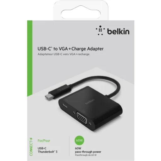 Imagen 2 de Belkin USB-C to VGA + Charge Adapter - Conversor de interfaz de vídeo - USB-C (M) a HD-15 (VGA), USB-C (solo alimentación) (H) - negro - compatibilidad con 1080p, USB Power Delivery (60W)