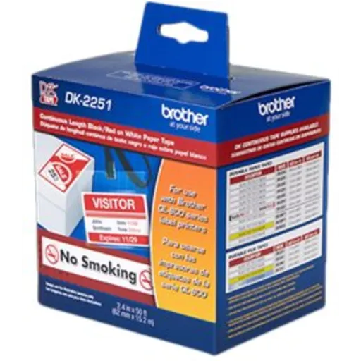 Imagen 1 de Rollo Continuo Brother DK2251 62 mm Etiqueta 15.24 mts Negro/Rojo en Blanco