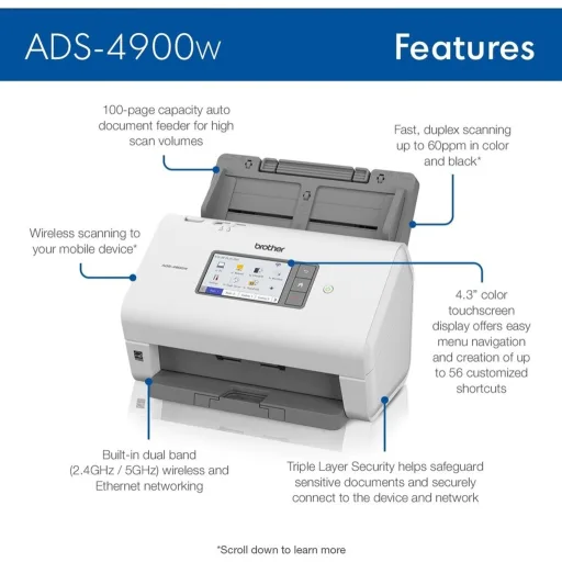 Imagen 7 de Escáner de Escritorio Brother ADS4900W, 120ppm ADF Ethernet USB 3.0 Dúplex