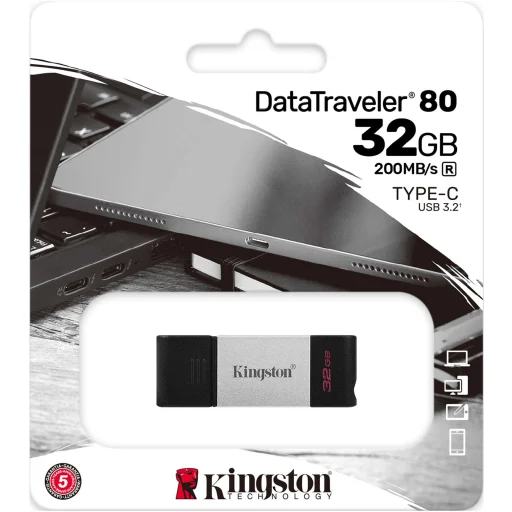 Imagen 0 de Pendrive 32GB Kingston DataTraveler 80 USB-C 3.2 Gen 1 Lec 200MB/s Negro Plata