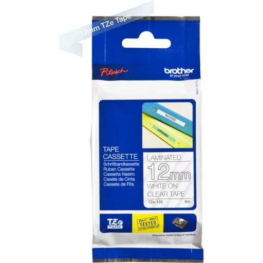 Imagen 2 de Cinta laminada Brother TZe135 texto blanco sobre fondo transparente 12mm x 8mts