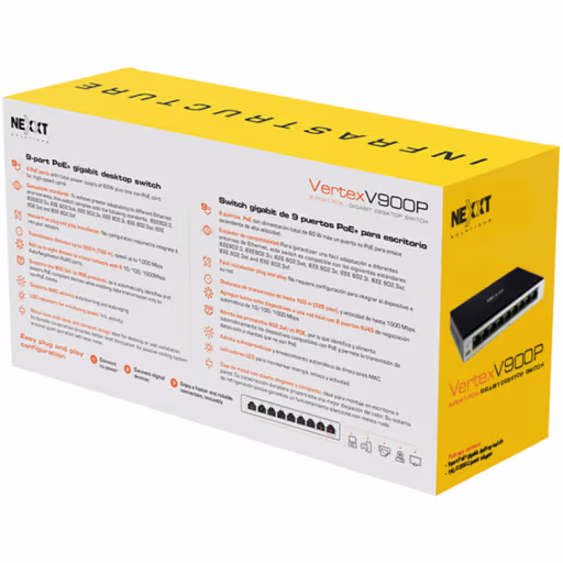 Imagen 5 de Switch Gigabit Nexxt Vertex V900P 9 Puertos PoE+, Escritorio, 120W 10/100/1000Mb