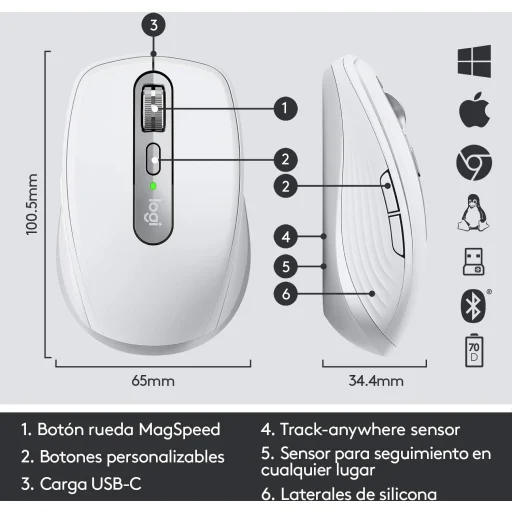 Imagen 9 de Mouse Inalámbrico Logitech MX Anywhere 3 4000DPI 6 Botones Recargable Pale Gray