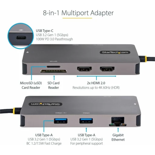 Imagen 1 de Docking Station StarTech USB C a 2*HDMI 4K 60Hz USB-C 2*USB-A3.2 LAN mSD/SD Gris