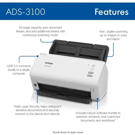 Imagen 7 de Escáner de Escritorio Brother ADS-3100 Dual 40/80ipm 600x600 ppp USB 3.0 ADF