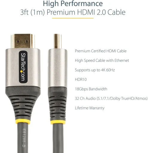 Imagen 6 de Cable HDMI M/M v2.0 4K 60Hz UHD c/Ethernet HighSpeed Premium Certif 1mt StarTech