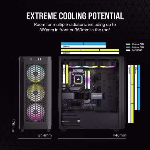 Imagen 3 de Gabinete Corsair 480T RGB 2*USB3.0 Vidrio Templado Filtro polvo ATX Negro