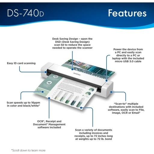 Imagen 4 de Escáner de Escritorio Portátil Brother DS740D Dúplex A4 16ppm 600p Micro USB3.0