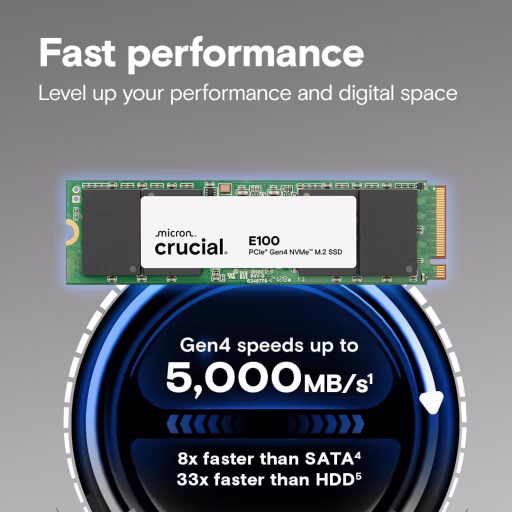 Imagen 1 de Unidad SSD Crucial E100 2TB M.2 22*80 NVMe PCIe Gen4*4 Lect 5000Mbs Esc4500Mbps