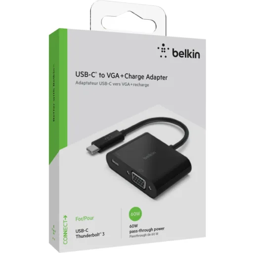 Imagen 1 de Belkin USB-C to VGA + Charge Adapter - Conversor de interfaz de vídeo - USB-C (M) a HD-15 (VGA), USB-C (solo alimentación) (H) - negro - compatibilidad con 1080p, USB Power Delivery (60W)