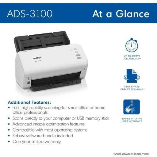 Imagen 2 de Escáner de Escritorio Brother ADS-3100 Dual 40/80ipm 600x600 ppp USB 3.0 ADF