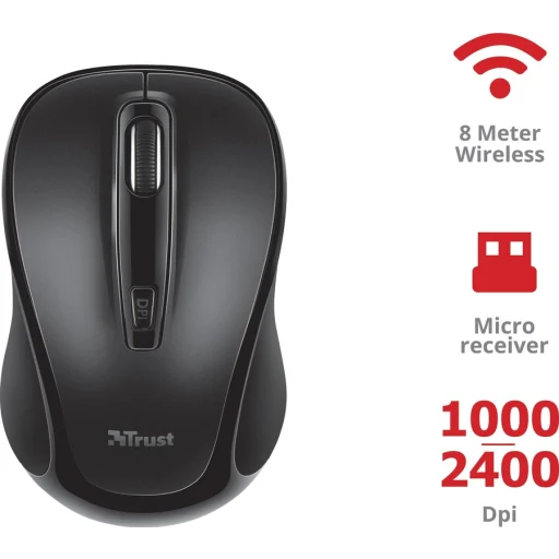 Imagen 2 de Mouse Inalámbrico Trust Zelo Silent Óptico 2400DPI 4 Botones Ambidiest USB Negro