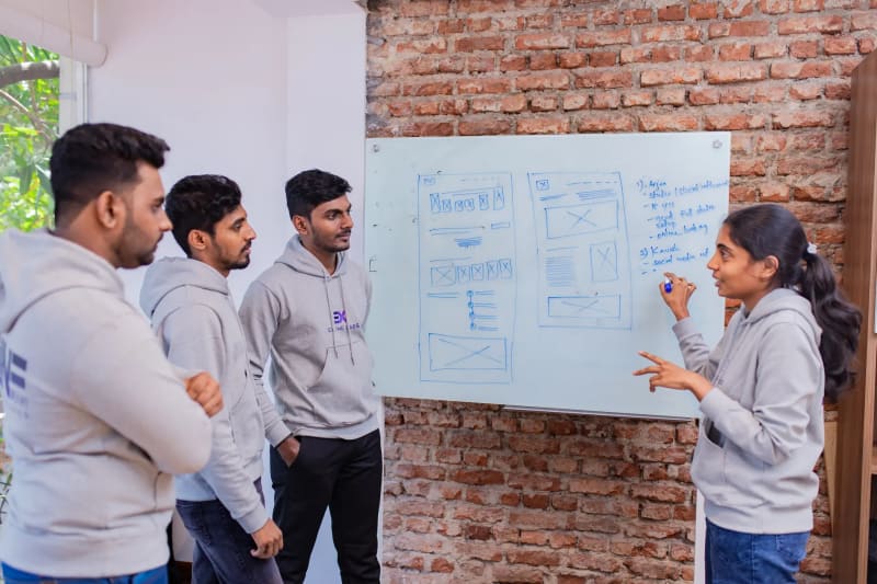 A UX Designer explaining user journey and user personas to team at user interface design agency