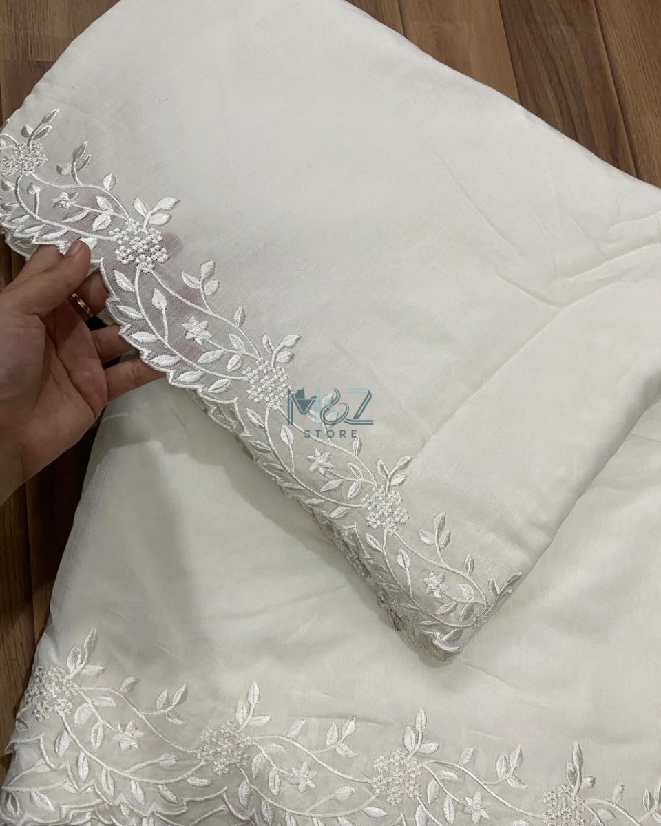 White Cutwork - Border Cotton Lawn Khaddi Lawn Embroided Dupatta Diyable Material Top Class Lawn base Dupatta - 2.5 ghz