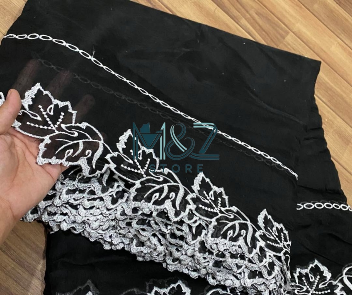 Black and white cutwork dupatta voile Lawn Khaddi Lawn Embroided Dupatta Top Class Lawn base Dupatta - 2.5 ghz