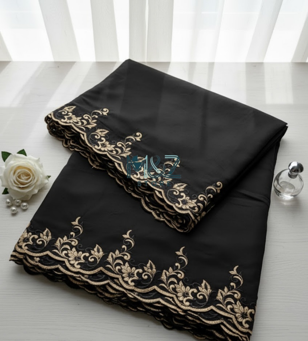 Black golden Embroidary dupatta voile lawn dupatta black and golden Cutwork Cotton dupatta - 2.5 ghz
