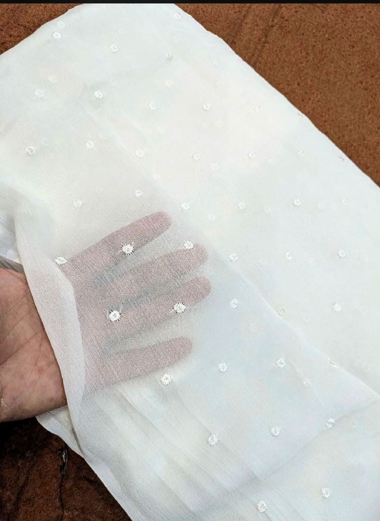Premium Chiffon Georgette Dot embroidery White Embroidered Dupatta – Dyeable Fabric 2.5 Gaz Elegant Party Wear