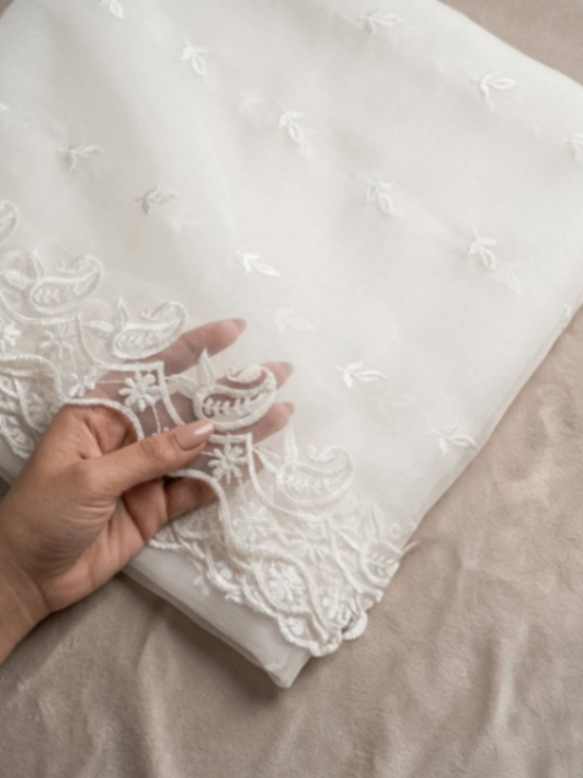 Organza White Cutwork Dupatta - Border Organza Embroided Dupatta Diyable Material Top Class Organza base Dupatta - 2.5 ghz