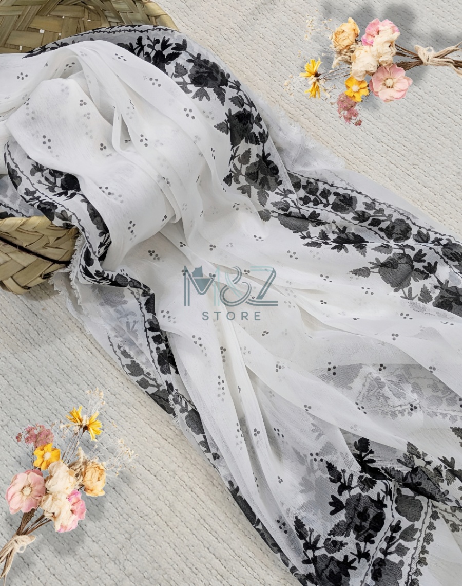 Chiffon block print Dupatta white