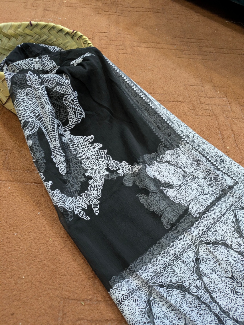 Chiffon block print Dupatta black white 