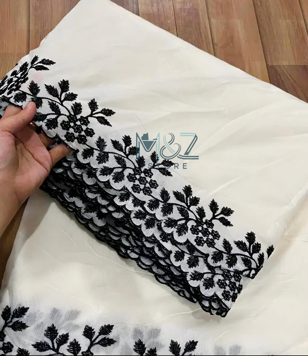 White And Black  Cutwork Dupatta Voile Lawn Khaddi Lawn Embroided Dupatta Diyable Material Top Class Lawn base Dupatta - 2.5 ghz
