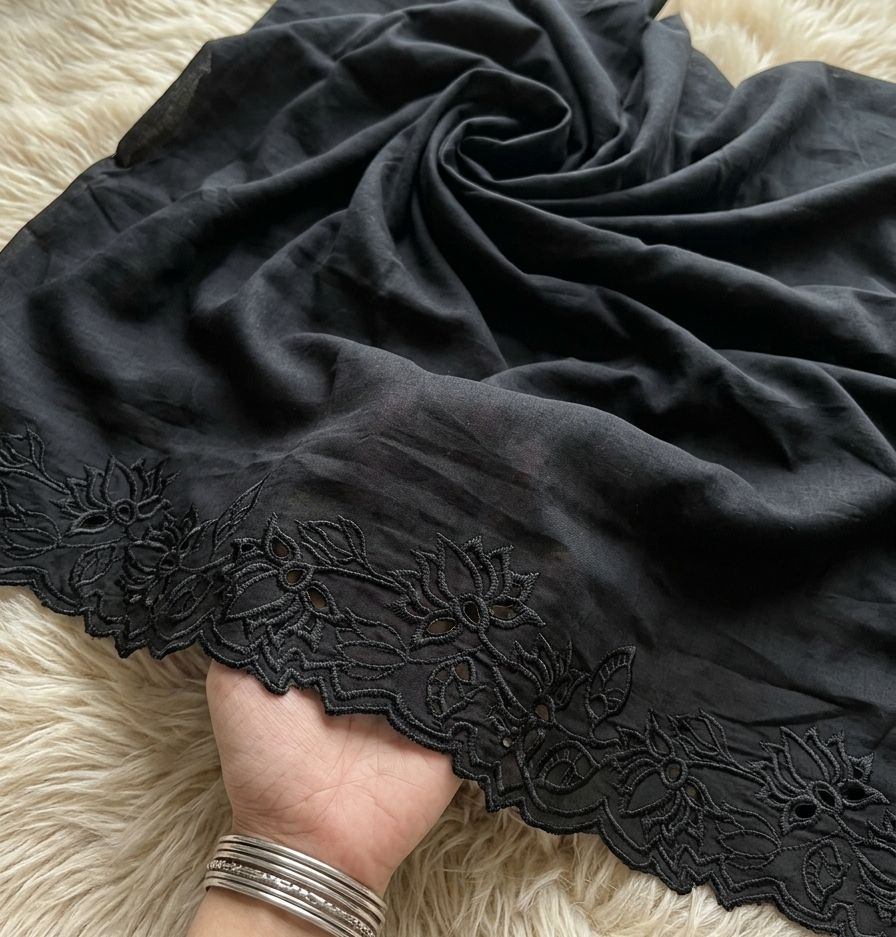 Black Cutwork Dupatta- Border voile  Lawn Khaddi Lawn Embroided Dupatta Diyable Material Top Class Lawn base Dupatta - 2.5 ghz