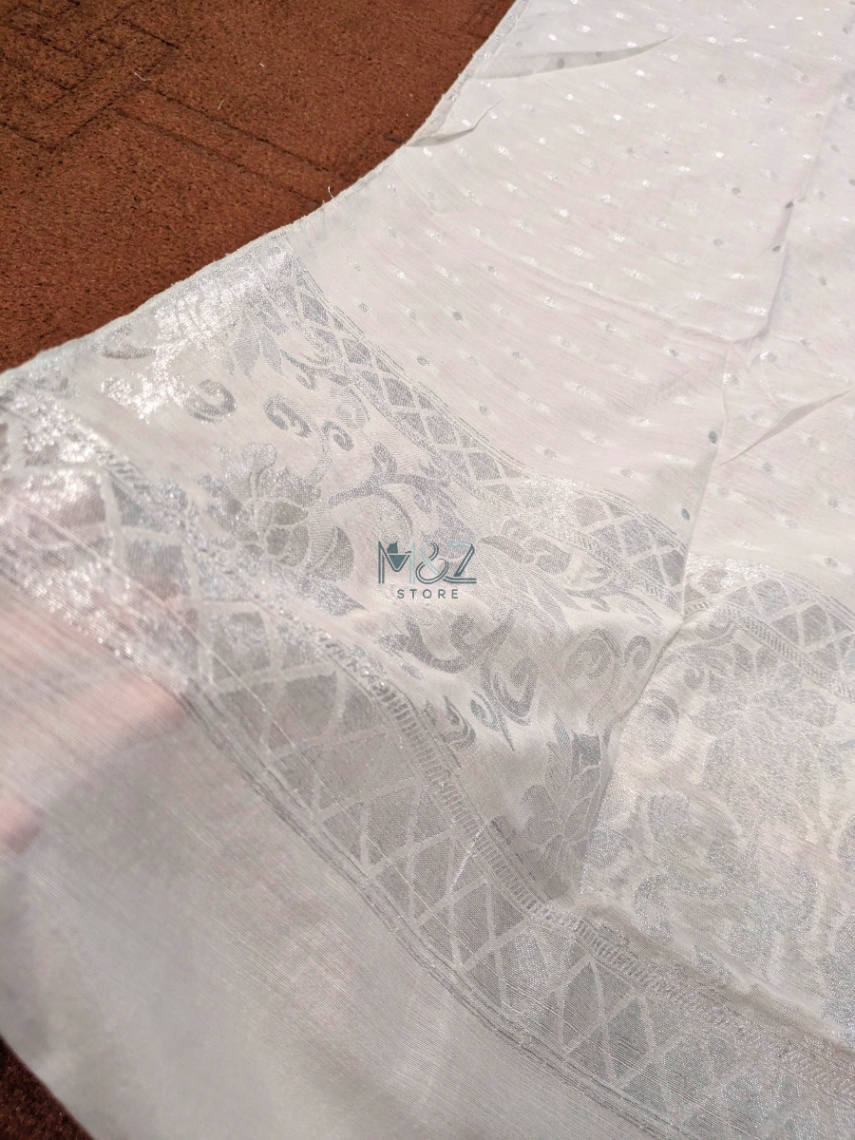 Premium Lawn Banarsi Dupatta – Silver Jacquard Banarsi Work | Dyeable Fabric | 2.5 Gaz