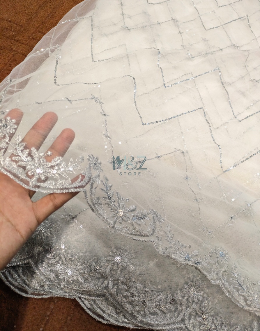 Premium Net Embroidery Dupatta with Silver Embroidery Border – Dyable Fancy Net Dupatta 2.5 Gaz
