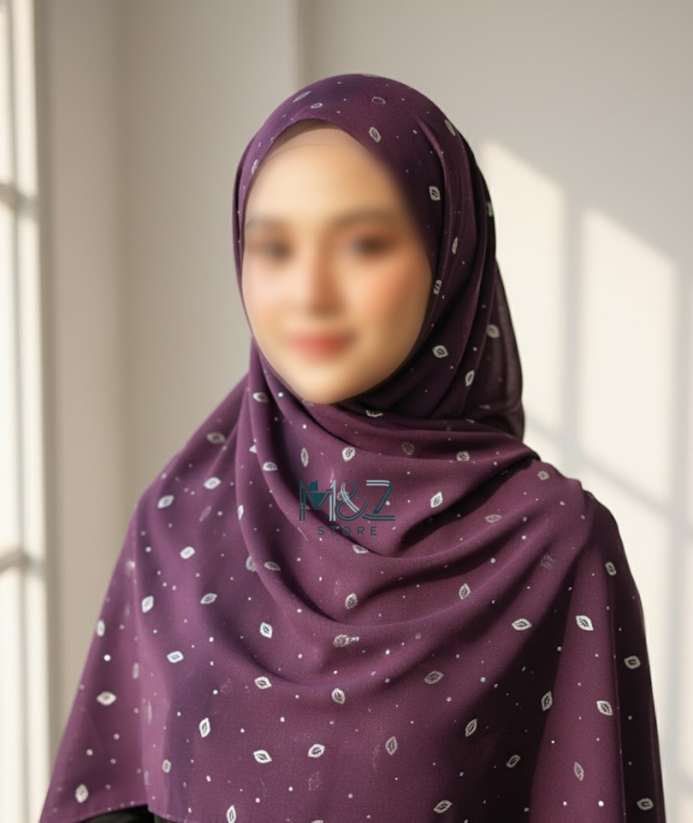 Georgette Chiffon Hijab Stole with Silver Leaf Foil Design – Soft China Made Scarf | 2 Gaz Length