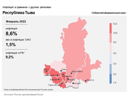 В Туве годовая инфляция в феврале составила 8,5%, ниже, чем в целом по Сибири (10%)