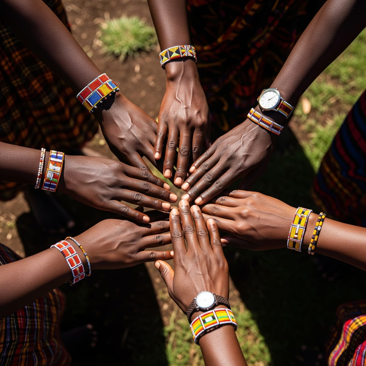 Overhead shot of hands from different people coming together.