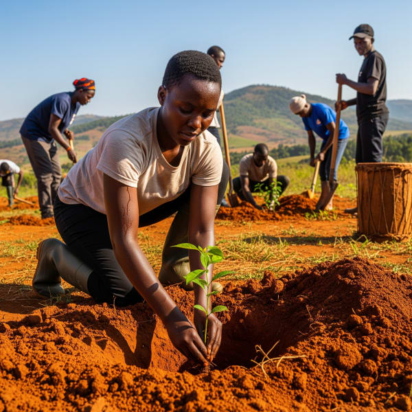 Volunteers planting trees in a community park.
