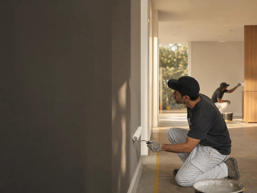Painter completing work in a newly finished interior