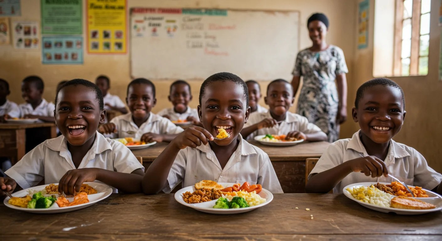 Nigerian school children eating nutritious meals in a classroom setting as part of an integrated nutrition and education program