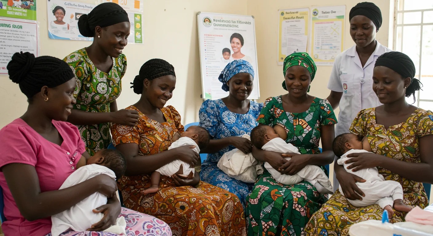 Diverse group of Nigerian mothers receiving breastfeeding education and support from healthcare workers and peer counselors in a community setting