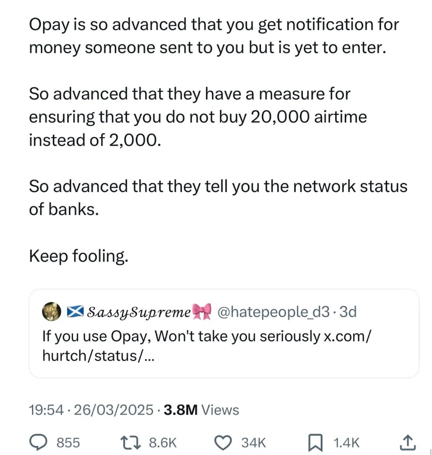 Screenshot of social media post discussing perceptions of Opay users, highlighting attitudes toward financial inclusion and dignity in digital banking
