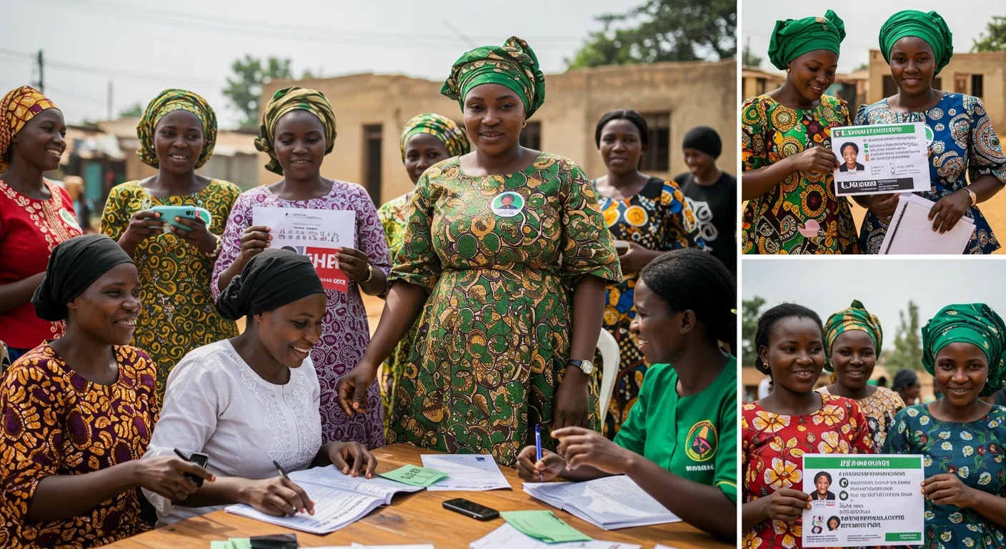 Nigerian women participating in political campaign activities and advocacy work, showcasing diverse female political engagement and empowerment initiatives
