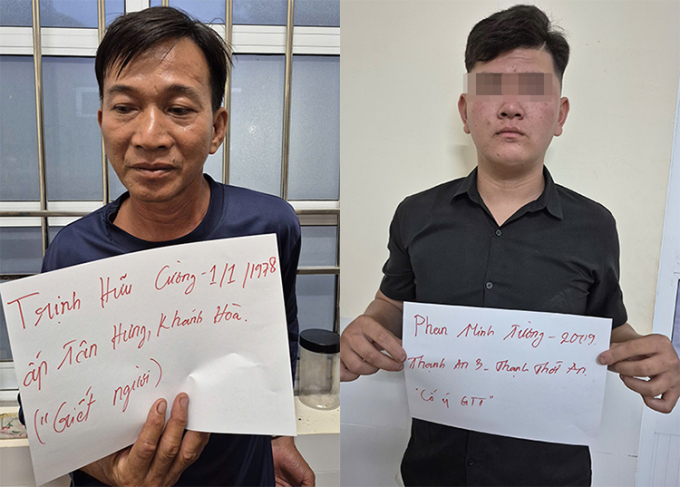 Trịnh Hữu Cường và Phan Minh Tường tại cơ quan công an. Ảnh: Công an Cần Thơ