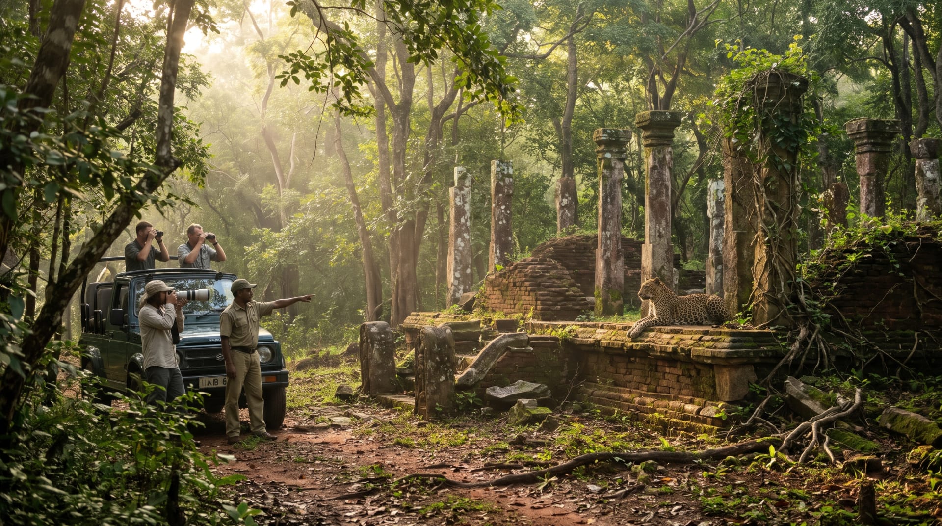 Ancient stone pillar remnants partially overgrown by dry-zone foliage within Wilpattu National Park, Sri Lanka.