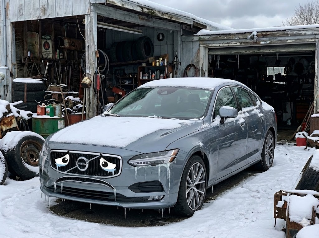 Sad, shivering Volvo S90 outside the shop