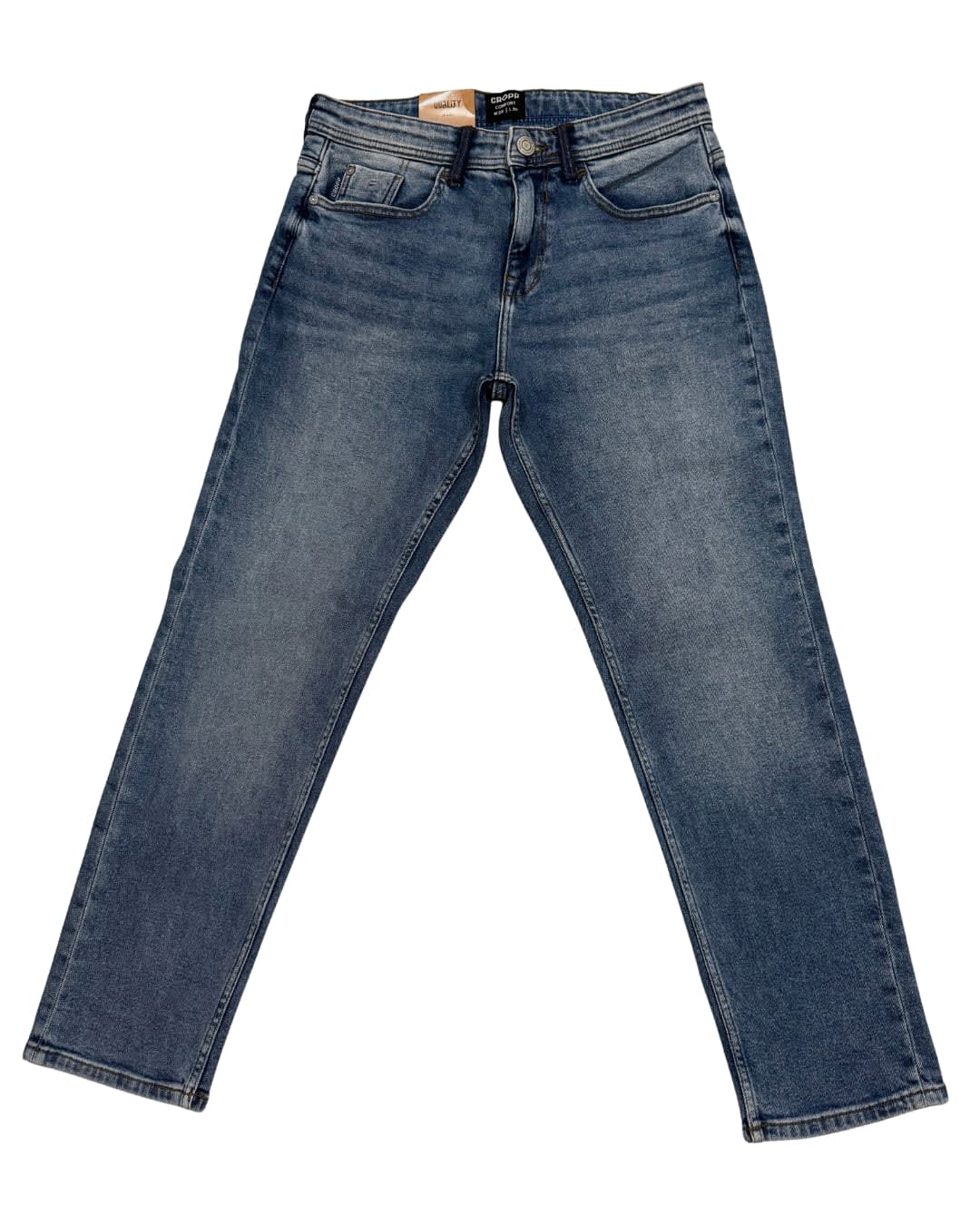 Mid-Blue Enzyme Stone Wash Slim Straight Fit Denim Jeans