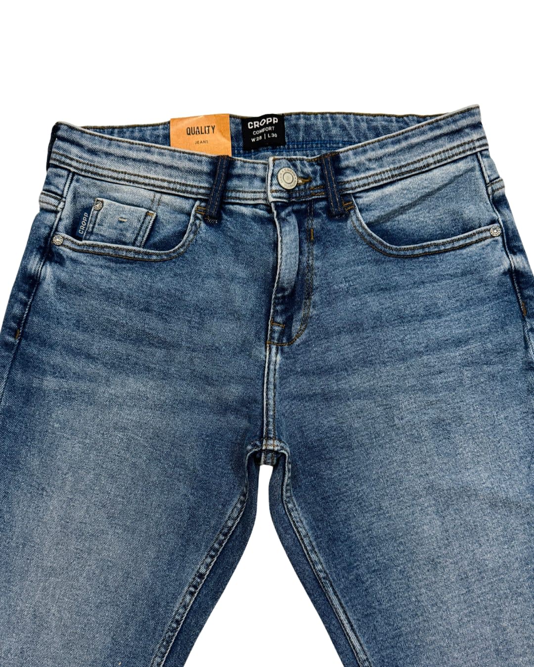 Mid-Blue Enzyme Stone Wash Slim Straight Fit Denim Jeans