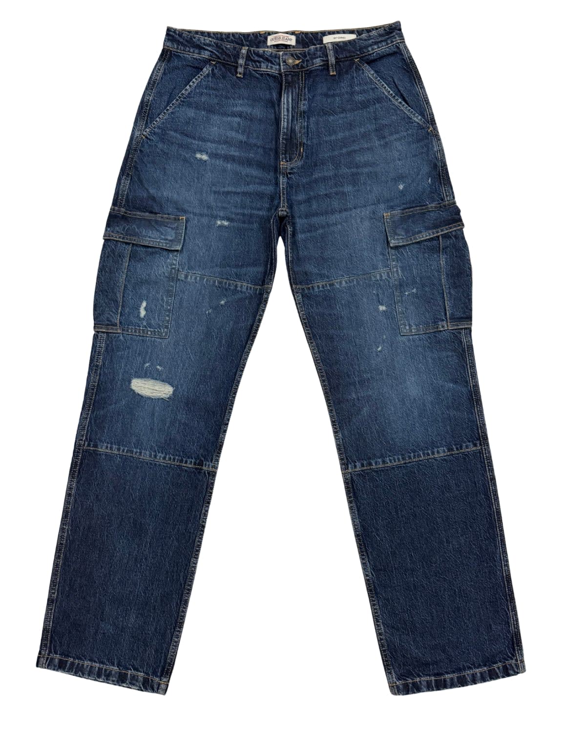 Vintage Mid-Blue Enzyme Stone Wash, Relaxed Straight Cargo Denim Jeans