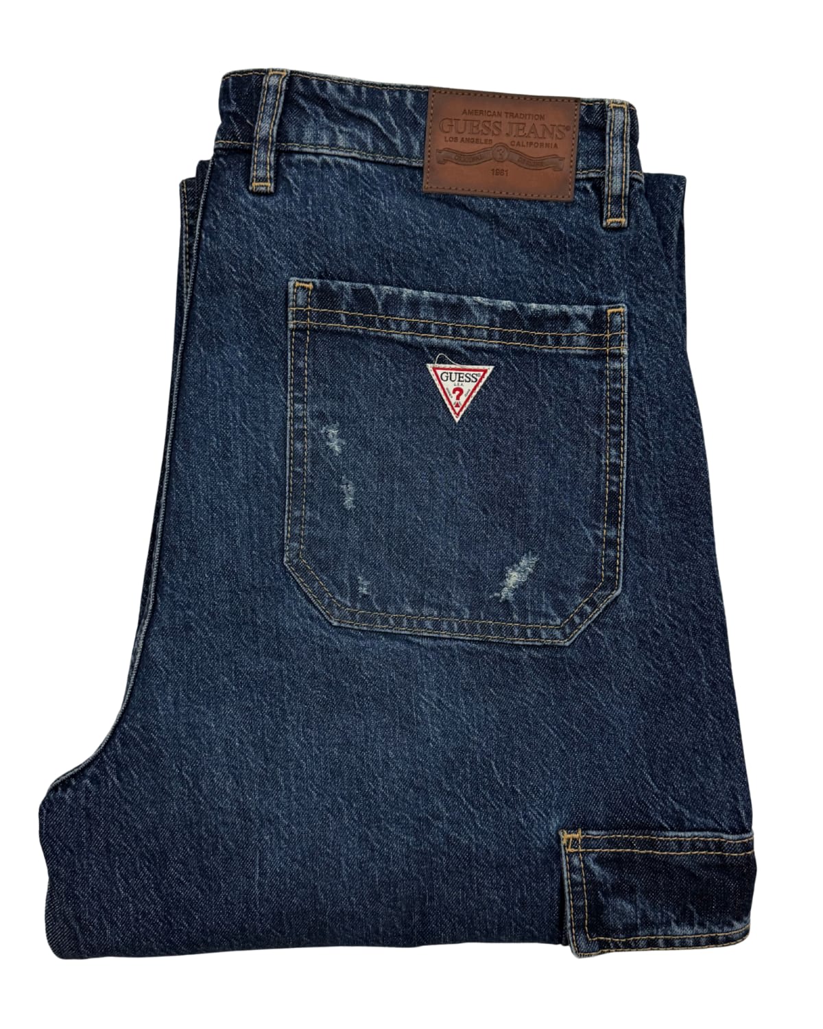 Vintage Mid-Blue Enzyme Stone Wash, Relaxed Straight Cargo Denim Jeans
