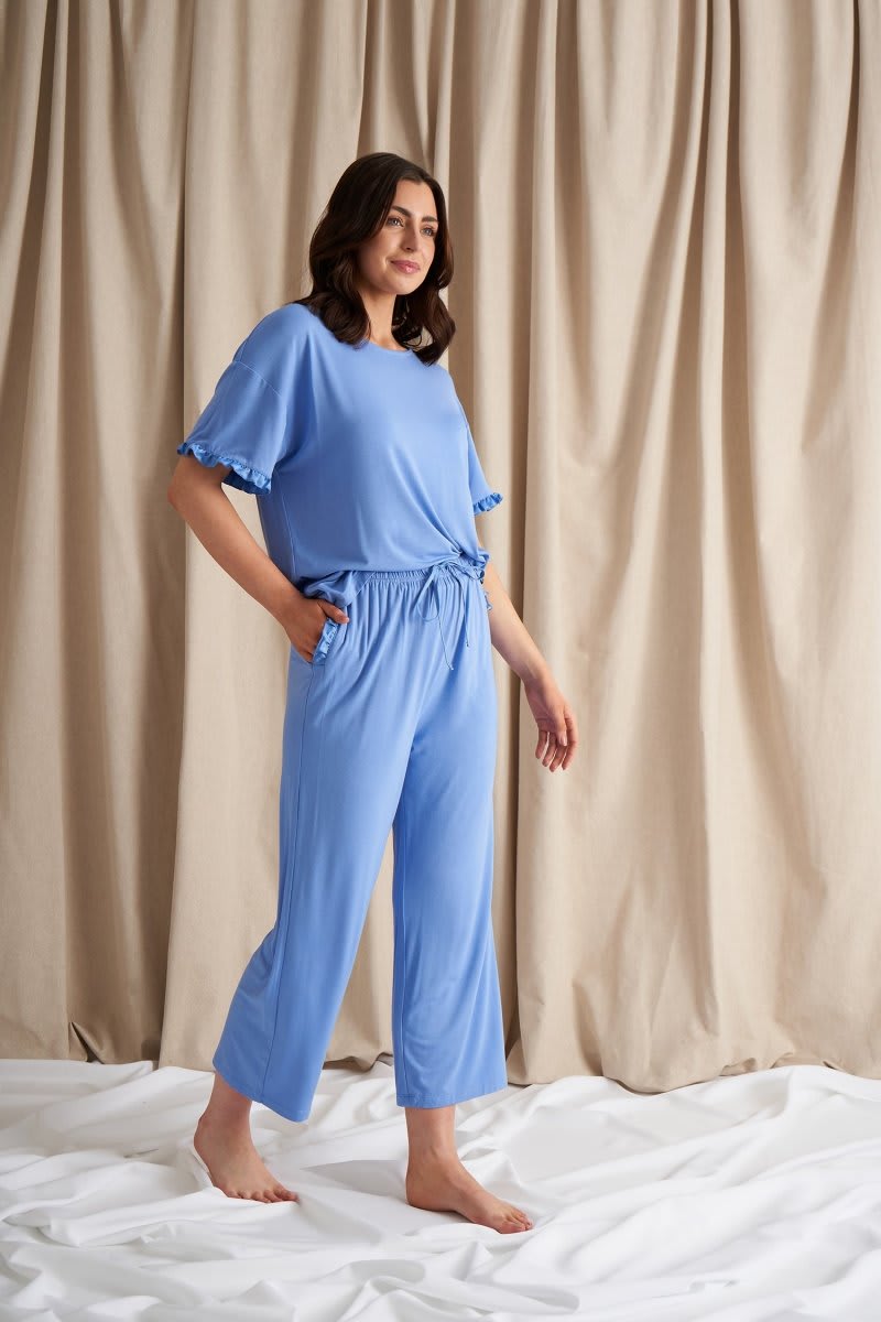Bamboo Frill Tee Trouser Set in Cornflower BlueNightwear