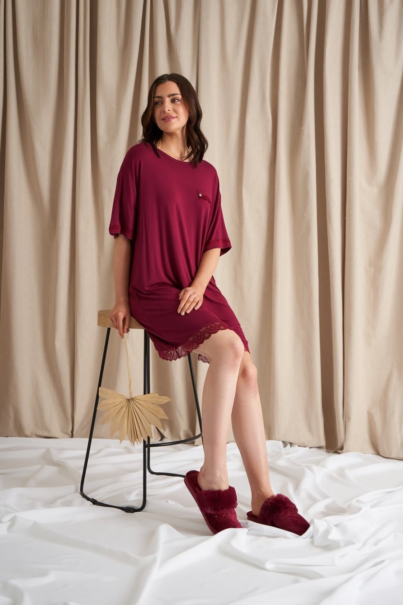 Bamboo Lace Tee Dress in BordeauxNightwear