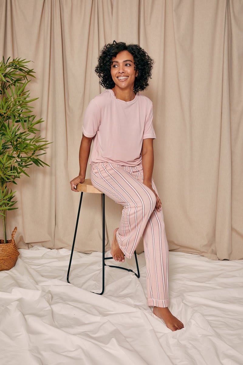 Bamboo Tee and Trouser Set in Blush StripeNightwear