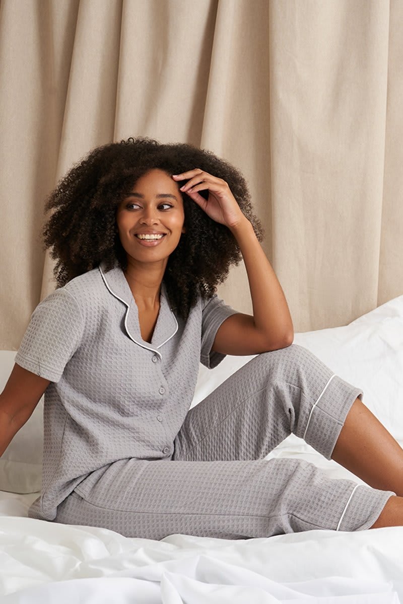 Luxury Suite Waffle Short Shirt Trouser Set in GreyNightwear