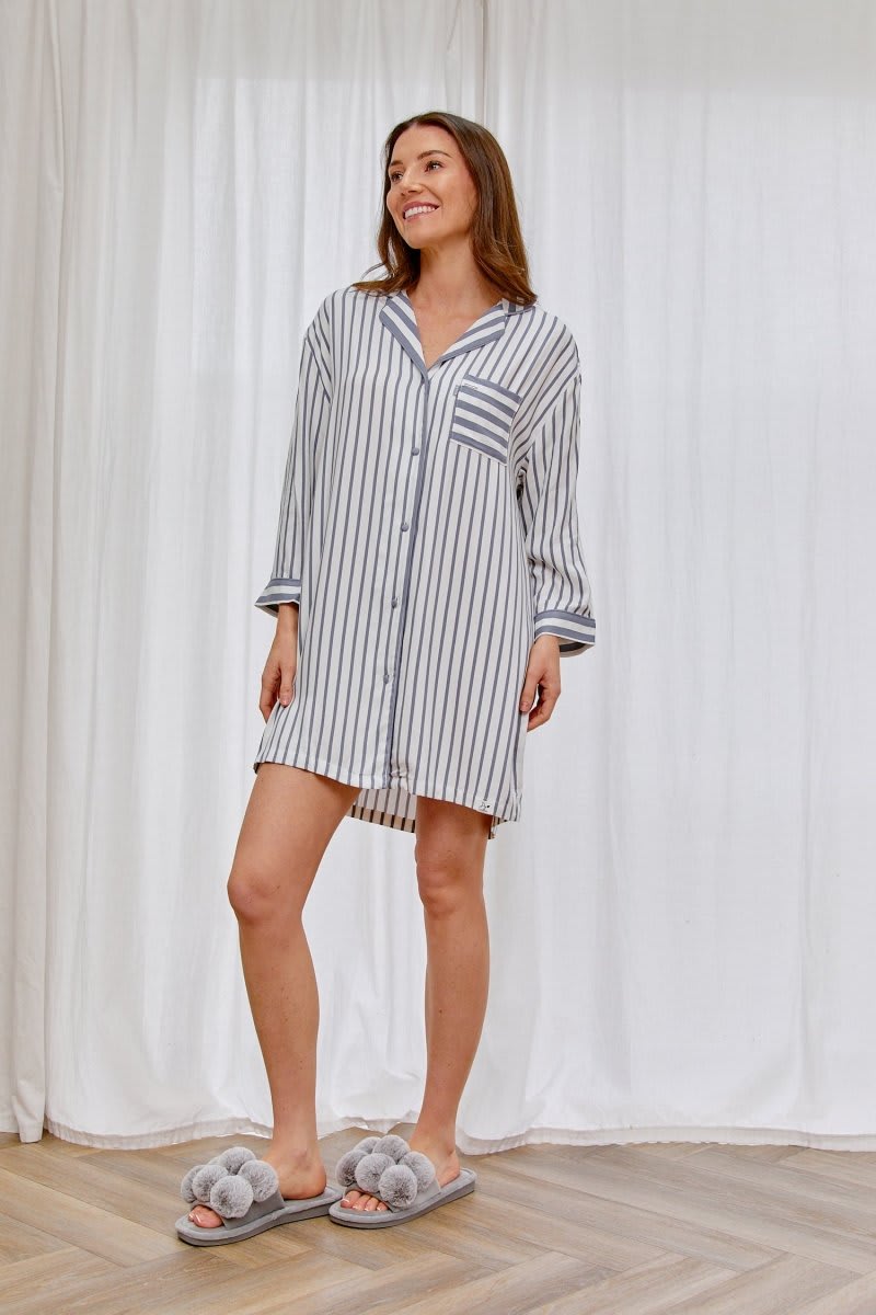 Boyfriend Stripe Nightshirt in Grey/EcruNightwear