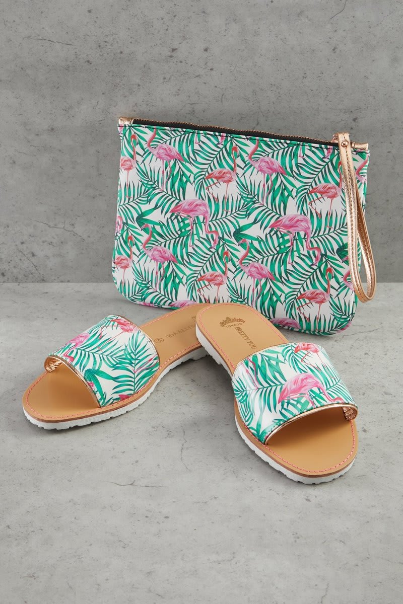 Flamingo Printed Slide and Clutch SetSandals